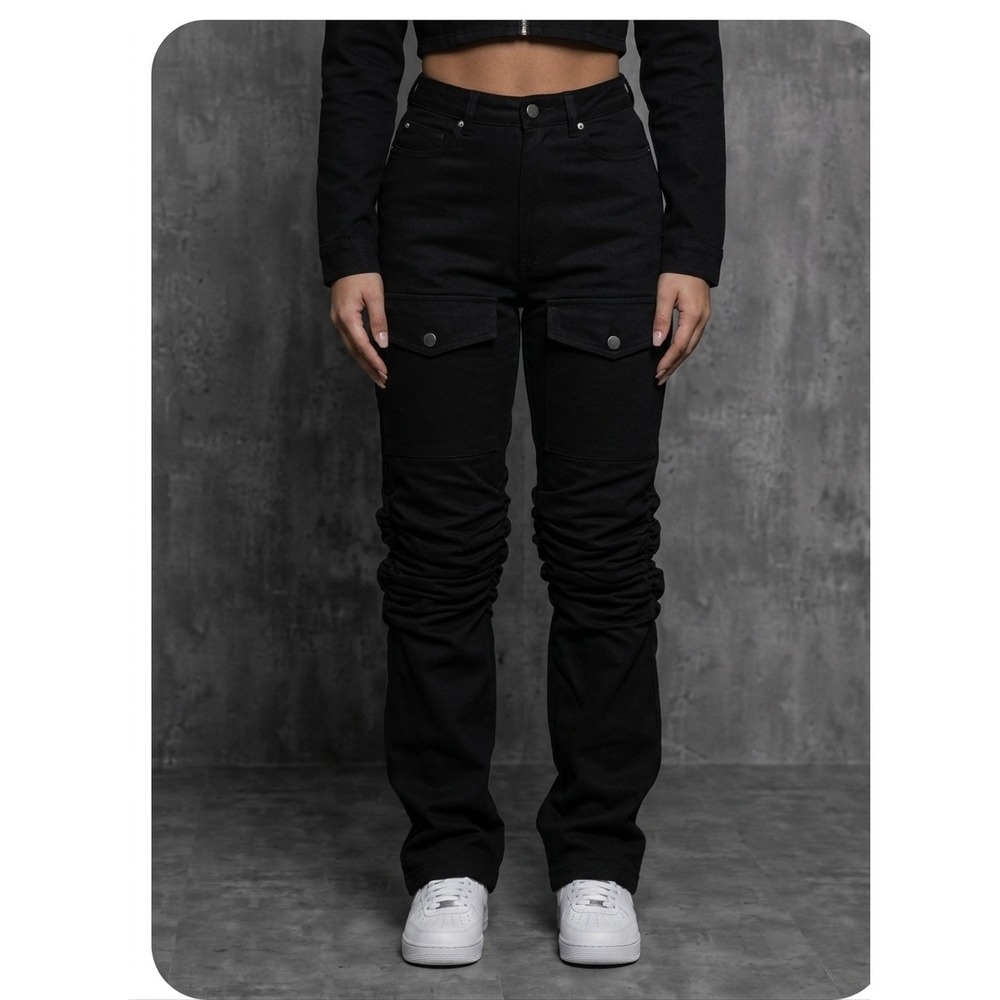 Milano Di Rouge Aaliyah Ruched Pant Black Stacked Cargo Utility Trousers Women L
